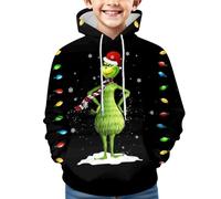 Générique Noël Sweat à Capuche pour Garçons et Filles Pull de Noel Vert Monstre Costume 3D Impression Motif Jumper à Manches Longues Décontracté Sweat-Shirt Top (01-7-Black, 9-11 Years)