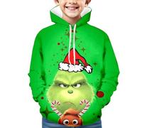 Générique Noël Sweat à Capuche pour Garçons et Filles Pull de Noel Vert Monstre Costume 3D Impression Motif Jumper à Manches Longues Décontracté Sweat-Shirt Top (01-4-Green, 6-7 Years)