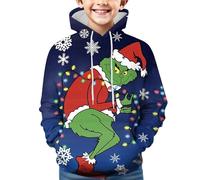 Générique Noël Sweat à Capuche pour Garçons et Filles Pull de Noel Vert Monstre Costume 3D Impression Motif Jumper à Manches Longues Décontracté Sweat-Shirt Top (01-2-Blue, 9-11 Years)