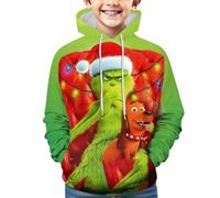 Générique Noël Sweat à Capuche pour Garçons et Filles Pull de Noel Vert Monstre Costume 3D Impression Motif Jumper à Manches Longues Décontracté Sweat-Shirt Top (01-7-Green, 5-6 Years)