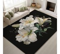 Générique Noir Antidérapant Tache d'encre Élégant Lys Blanc Lignes Lavable Tapiss Délicat Botanique Haut de Gamme Support en TPR Tapis 60 x 120 cm Tapis pour Chambre Salon