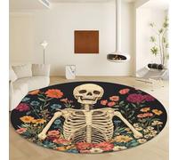 Générique Noir Antidérapant Tapis Rond 60 cm, Crâne Gothique avec des Fleurs Lavable en Machine Tapis Rond, Moquette de Salon et Chambre Doux et Confortable, Idéal pour Intérieurs décoration