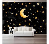Générique Noir Décoration Murale Aquarelle Lune Étoiles,Papier Peint Mural Intissé Design pour Salon & Chambre à Coucher - Photo Murale Grand Format pour Bureau & Mur TV 200 x 140 cm（WxH