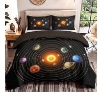 Générique Noir Housse de Couette 140 x 190 cm Enfant Garçons Fille, Univers Parure de Lit en Microfibre Ensemble 2Pièces, Espace Planète Système Solaire Parure de Lit avec 1 Taie