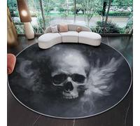 Générique Noir Tapis Rond 90 cm Lavable en Machine pour Salon, Gothique Crâne Mystère Plumes Tapis Antidérapant Thèmes Imprimé pour Salle à Manger Chambre d’Enfant Chambre à Coucher