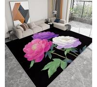 Générique Noir Tapis Salon Floral Trois pivoines Aquarelle Modèle 140 x 200 cm Lavable en Machine Super Doux et Antidérapant Tapis Décoratif Salon Doux Poil Court pour Chambre Adulte, Salle à Manger
