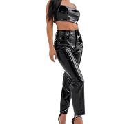 Générique Noir,XXL, Femme Sexy Finition Miroir Cuir Synthétique Décontracté Fermeture Éclair Coupe Droite Pantalon en Cuir DS Discothèque Scène Costume