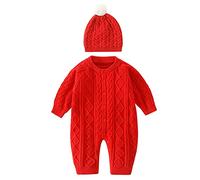 Générique Nouveau-né infantile bébé tricoté barboteuse coton à manches longues garçon fille pull vêtements bébé épissure combinaison chapeau tenues ensemble (Red, 0-3 Months)