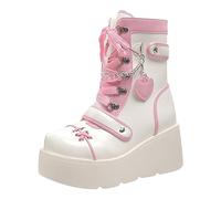 Générique Nouveau Punk moto semelle épaisse botte mi botte moto femme mi Bottes Longues Chaudes (Red, 38)