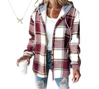 Générique Novel Trendy Showy Red White Check Print Long Sleeve Hoodie Fall and Winter Hooded Flannel Shirt Women (Brick Red,Grand)