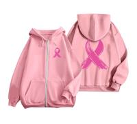 Générique Octobre Rose Cancer du Sein Pull Court Chaud de Sport Décontracté en Polaire avec Cordon Serrage et Fermeture Éclair Mensuelle la Prévention des Femmes Plaid Sweat Capuche pour Femme