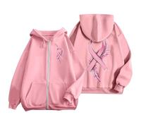 Générique Octobre Rose Cancer du Sein Pull Court Chaud de Sport Décontracté en Polaire avec Cordon Serrage et Fermeture Éclair Mensuelle la Prévention des Femmes Plaid Sweat Capuche pour Femme