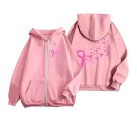 Générique Octobre Rose Cancer du Sein Pull Court Chaud de Sport Décontracté en Polaire avec Cordon Serrage et Fermeture Éclair Mensuelle la Prévention des Femmes Plaid Sweat Capuche pour Femme