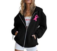 Générique Octobre Rose Cancer du Sein Pull Court Chaud de Sport décontracté en Polaire avec Cordon Serrage et Fermeture éclair mensuelle la prévention des Femmes Plaid Sweat Capuche pour Femme