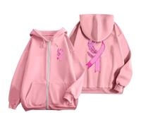 Générique Octobre Rose Cancer du Sein Pull Court Chaud de Sport Décontracté en Polaire avec Cordon Serrage et Fermeture Éclair Mensuelle la Prévention des Femmes Plaid Sweat Capuche pour Femme