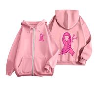Générique Octobre Rose Cancer du Sein Pull Court Chaud de Sport Décontracté en Polaire avec Cordon Serrage et Fermeture Éclair Mensuelle la Prévention des Femmes Plaid Sweat Capuche pour Femme