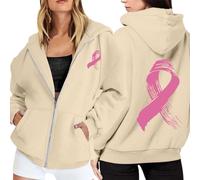 Générique Octobre Rose Sweat à Capuche zippé Manches Longues Sweats à Capuches Oversize Grande Taille Casual Ruban Rose de Sensibilisation au Cancer du Sein d'Octobre Sweatshirt Veste (Beige, XL)