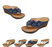Générique Orthopedic Wedge Flip Flops for Women Floral Slip On Open Toe Thong Sandals Slippers Summer Boho Beach Beach Shoes Vintage Wide Slippers (Blue,36)