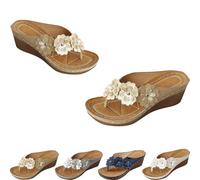 Générique Orthopedic Wedge Flip Flops for Women Floral Slip On Open Toe Thong Sandals Slippers Summer Boho Beach Beach Shoes Vintage Wide Slippers (Gold,38)
