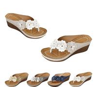 Générique Orthopedic Wedge Flip Flops for Women Floral Slip On Open Toe Thong Sandals Slippers Summer Boho Beach Beach Shoes Vintage Wide Slippers (White,37)