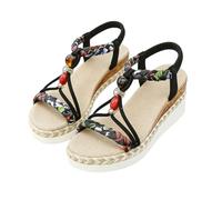 Générique Orthopedic Wedge Sandals for Women Bohemian Wide Width Espadrille Platform Jeweled Beaded Sandals Slip On Elastic Ankle Strap Dressy Summer Comfortable Beach vacation Shoes (Black,40)