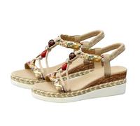 Générique Orthopedic Wedge Sandals for Women Bohemian Wide Width Espadrille Platform Jeweled Beaded Sandals Slip On Elastic Ankle Strap Dressy Summer Comfortable Beach vacation Shoes (Beige,42)