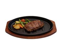 Générique Oval Cast Iron Steak Plate With Wooden Base BBQ Serving Tray 10In