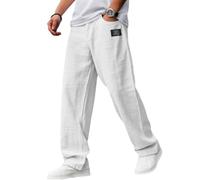Générique Pacificozy Mens Pants - Men's Casual Hemp Fabric Embroidered Logo Drawstring Loose Elastic Waist Pocket Trousers (White,TTG)