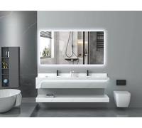 Générique Pack Meuble Double Vasque Design LED 120cm Blanc Effet marbre en Ceramique + Miroir LED 120 cm (120CM)