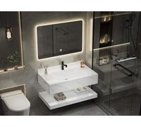 Générique Pack Meuble Simple Vasque Blanc Effet marbre en Ceramique avec Miroir LED (Blanc Effet Marbre, 80CM)