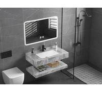 Générique Pack Meuble Simple Vasque Blanc Effet marbre en Ceramique avec Miroir LED (Gris Effet Marbre, 80CM)