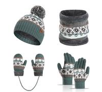 Générique Packs Bonnet Écharpe Et Gants Garçon Fille Enfant Tricoté Tour De Cou Chaud Avec Doublure Hiver Pompon Snood Coup Ensemble Echarpe Gant Bebe Sous 3 Pièces (armée verte,Taille unique)