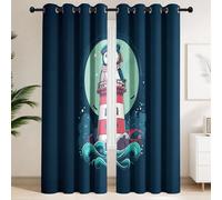 Générique Paire de Rideaux Phare Rouge Blanc Macareux Rayé | Style Symétrique Illustré Mignon Ordonné - Rideaux Isolants et Insonorisés pour Chambre d'enfant, Adolescent, Bureau