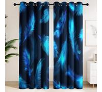 Générique Paire de Rideaux Plumes Bleues sur Noir | Style Art Digital, Légèreté - Rideaux Isolants et Insonorisés pour Chambre Principale