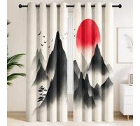 Générique Paire de Rideaux Soleil Rouge & Monts Noirs | Style Lavis d'encre Minimaliste, Zen - Rideaux Isolants et Insonorisés pour Chambre Principale