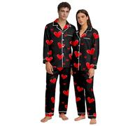 Générique Pajama Sets - Satin Pajamas Set Pyjama Couple, Pyjama Romantique Motif Cœur Satin Doux, Élégant & Confortable pour Nuits Intimes & Cadeaux