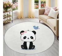 Générique Panda Oiseau Tapis Rond Lavable 120 cm, Tapis Intérieur Antidérapant, Dessin Animé Innocent Animal Poil Ras Facile à Nettoyer pour Entrée & Cuisine, Blanc Grisâtre