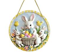 Générique Panneau de Porte en Forme de Lapin de Pâques, décoration de Porte joyeuses Pâques, Ornement Rond en Acrylique, Famille de Lapins, Panneau Mural à Ressort Suspendu pour Cour, Patio, Jardin