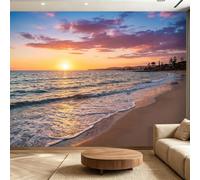 Générique Panoramique Murale 200 x 140 cm Plage Papier Peint Mural, Coucher De Soleil Nuage Coloré Vague Poster Murale Intissé Muraux Photo 3D Fond Effet pour Salon Chambre Salle de Bain Décoration