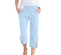 Générique Pantacourt Femme Été Fluide Lin Taille Haute Élastique Léger Souple Pantalon 3/4 Coupe Droite Baggy Décontracté Boutons Cordon Pants de Plage avec Poches