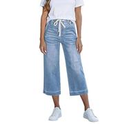 Générique Pantacourt Femme Été Jean Taille Haute Jambe Large Stretch 3/4 Capri Jean 7/8 Taille Élastique Coupe Droite Corsaire Femme Jeans Baggy Jorts Y2K Vintage Ample Et Décontracté Capri Pants
