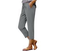 Générique Pantalon 3/4 Lin Femme Été Fluide Léger Ample Large Pantalons Chic Et Elegan Poche Droit Taille Élastique Cordon Pants De Plage Couleur Unie Boutons Ourlet Pantalon Mode Vêtements