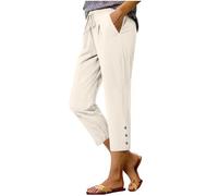 Générique Pantalon 3/4 Lin Femme Été Fluide Léger Ample Large Pantalons Chic Et Elegan Poche Droit Taille Élastique Cordon Pants De Plage Couleur Unie Boutons Ourlet Pantalon Mode Vêtements