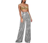 Générique Pantalon à Paillettes pour Femme,Dames Couleur Unie Soie PresséE Argent Pantalon Large Taille Haute Jambe Droite Pantalon DéContracté (White, XL)