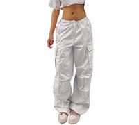 Générique Pantalon Cargo Femme Baggy y2k Parachute Pants Fille Cargo Pants Taille Haute Streetwear Gothique (Blanc, L)