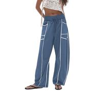 Générique Pantalon de Sudation Femme Pantalon décontracté Ample à Jambes Larges avec Ceinture Cordon pour Femmes vêtement Confortable Polyvalent Usage Quotidien et Sorties détente (Navy, S)