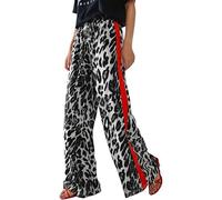Générique Pantalon décontracté d'été pour Femme avec Cordon de Serrage, imprimé léopard, Rayures latérales, Jambe Droite, Jambe Large, Pantalon Ample (Black, S)