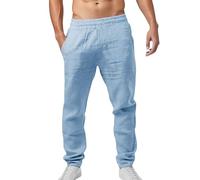 Générique Pantalon décontracté en Lin léger pour Homme Coupe Slim et Longueur Standard Idéal pour l'été Les Loisirs et Les Vacances Confortable avec Ceinture Ajustable à Cordon (Light Blue, M)
