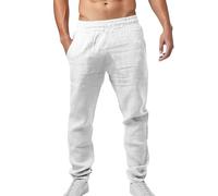 Générique Pantalon décontracté en Lin léger pour Homme Coupe Slim et Longueur Standard Idéal pour l'été Les Loisirs et Les Vacances Confortable avec Ceinture Ajustable à Cordon (White, XXXL)