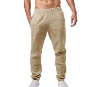Générique Pantalon décontracté en Lin léger pour Homme Coupe Slim et Longueur Standard Idéal pour l'été Les Loisirs et Les Vacances Confortable avec Ceinture Ajustable à Cordon (Khaki, XXXL)